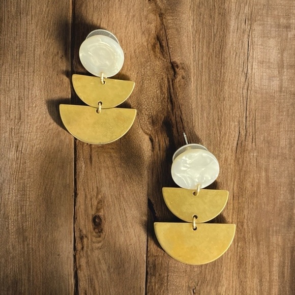 White and Brass Half Circle Earrings, White Jewelry, Modern Jewelry - Picture 1 of 7